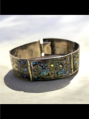 Vintage Mexican Abalone Inlay Panel Cuff Bracelet Signed SIMP MEX